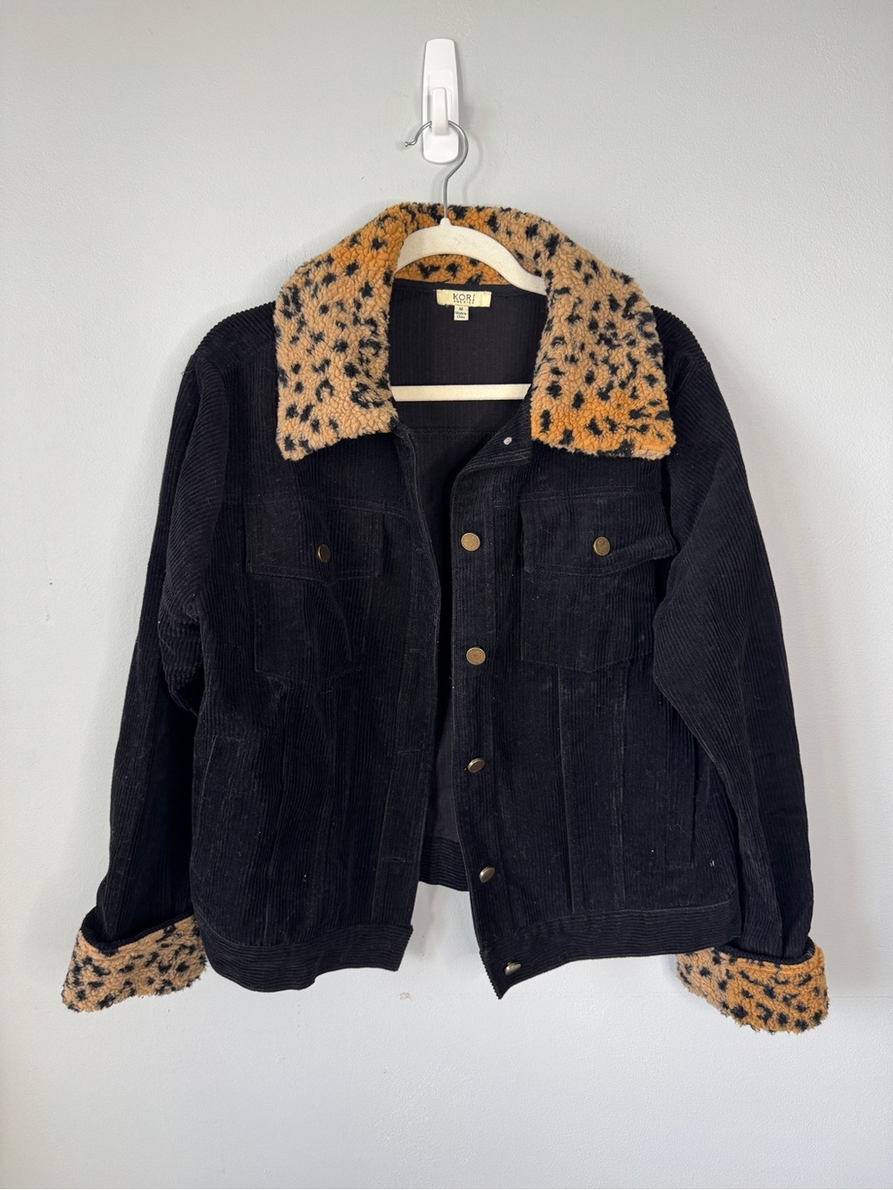 Kori Black Corduroy Bomber Jacket with Tan Leopard Faux Fur Collar & Cuffs